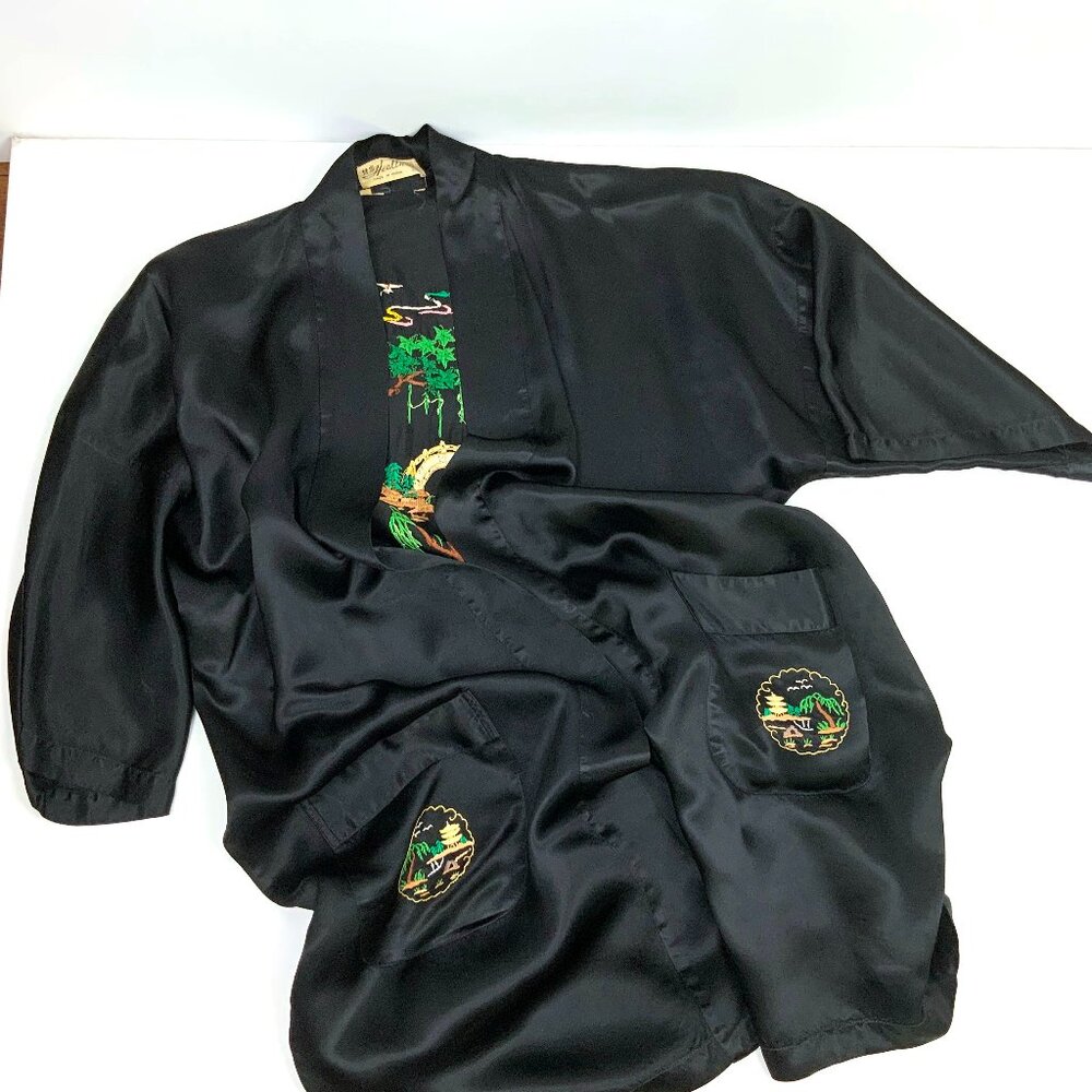 Vintage Longevity Black Satin Rayon Hand Embroidered Kimono Robe Sz M - Picture 14 of 16